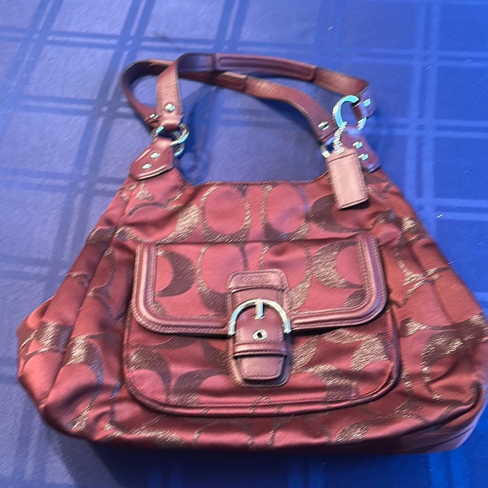 Coach Shoulder Bag with Silver Buckle and Double Handles